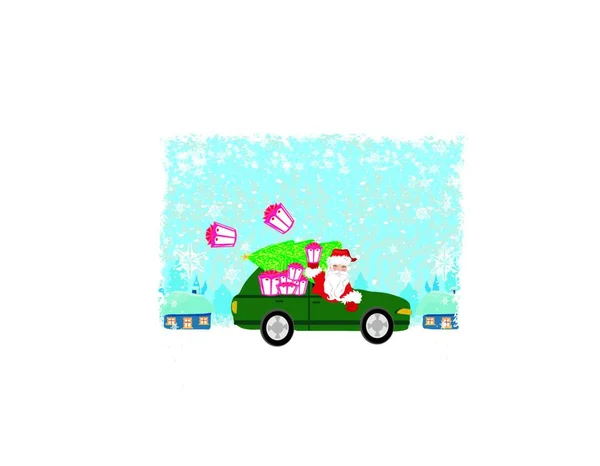 Αφηρημένη Κάρτα Santa Claus Αυτοκίνητο Οδήγησης Δώρο Χριστουγέννων — Διανυσματικό Αρχείο