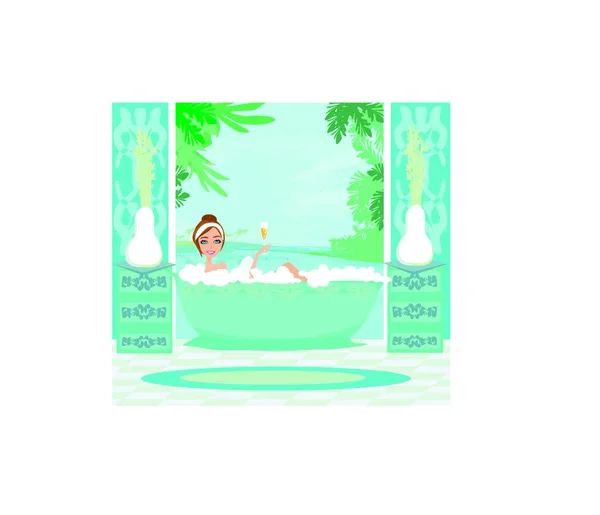 Fille Détend Dans Bain Dans Spa Tropical — Image vectorielle