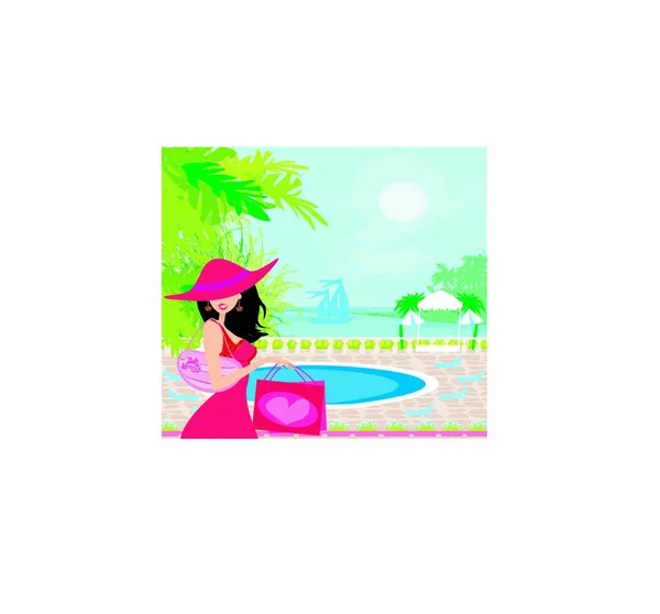 Femme Élégante Vacances Tropicales — Image vectorielle