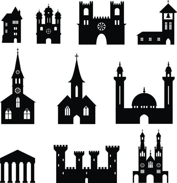Силуэтный Набор Зданий Церквями Монастырями Замками Подобными Сооружениями — стоковый вектор