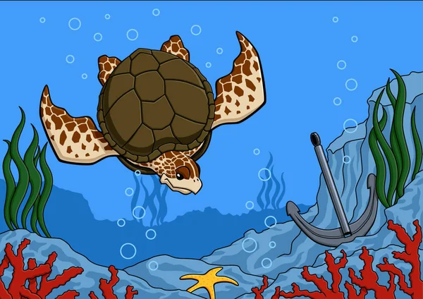 Иллюстрация Плавания Морских Черепах Подводный Пейзаж Кораллами Морскими Водорослями Якорем — стоковый вектор