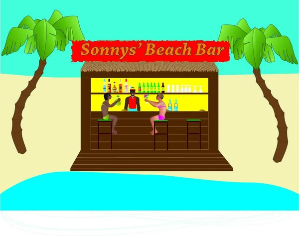 Dos Mujeres Bikinis Sentaron Beach Bar Una Isla Tropical — Vector de stock