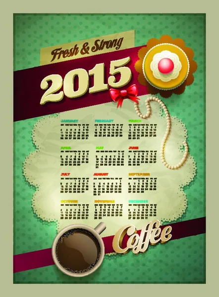 2015 Kalender Formgivningsmall Vektor Kopp Kaffe Och Kakor Spets Papper — Stock vektor