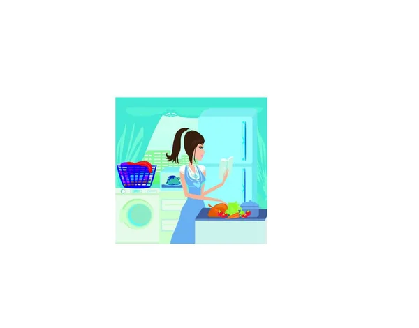 Hermosa Ama Casa Cocinar Verduras Con Libro Cocina Cocina — Vector de stock