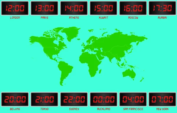 World Time Digital Clocks Londen Parijs Athene Koeweit Moskou Mumbai — Stockvector