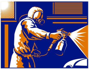 Vector illustration of a spray painter spraying paint with air-pressurized spray gun done in the retro style of the 1930s. clipart