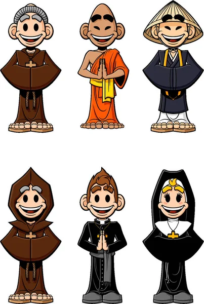 Zbiór Religijnych Kreskówka Katolickich Mnichów Buddyjskich Mnichów Zakonnica Ksiądz Białym — Wektor stockowy