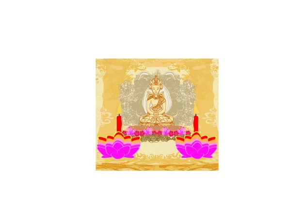 Lámpara Aceite Loto Con Tarjeta Buddha — Vector de stock