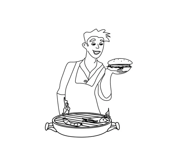 Uomo Che Cucina Sul Suo Barbecue Divertente Illustrazione Scarabocchio — Vettoriale Stock