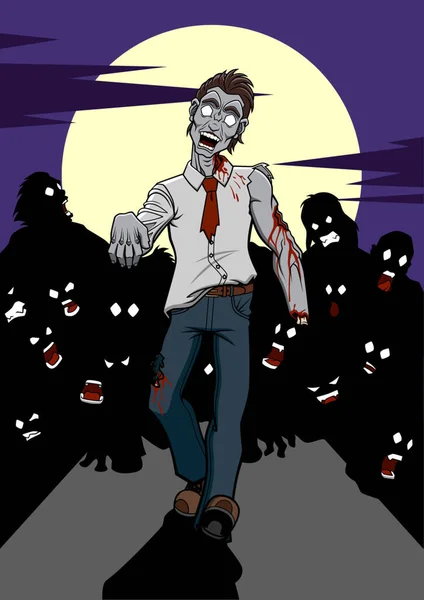 Ilustração Uma Invasão Zombie Primeiro Plano Zumbi Que Anda Atrás — Vetor de Stock