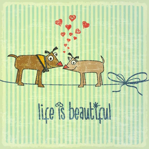 Retro Εικονογράφηση Ευτυχισμένο Ζευγάρι Σκυλιά Στην Αγάπη Και Φράση Ζωή — Διανυσματικό Αρχείο