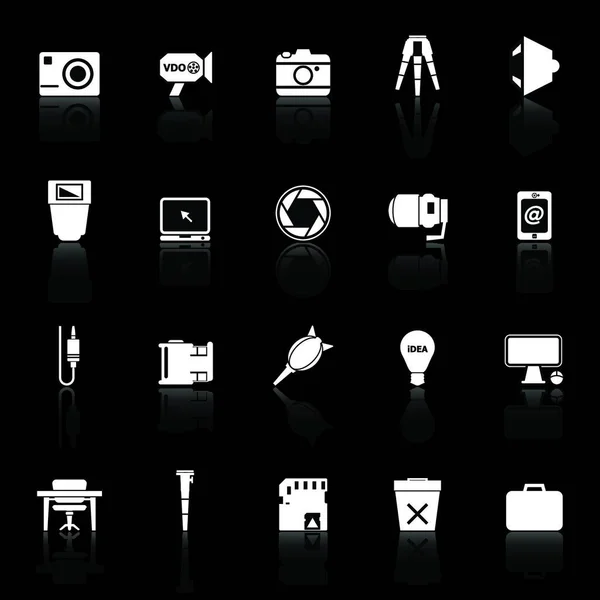 Fotobezogene Icons Mit Spiegelung Auf Schwarzem Hintergrund Aktienvektor — Stockvektor