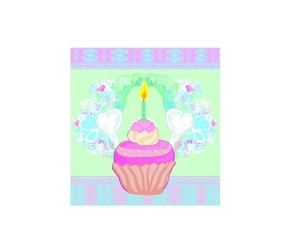 かわいいレトロなカップケーキカードのイラスト Happy Birthday Card — ストックベクタ