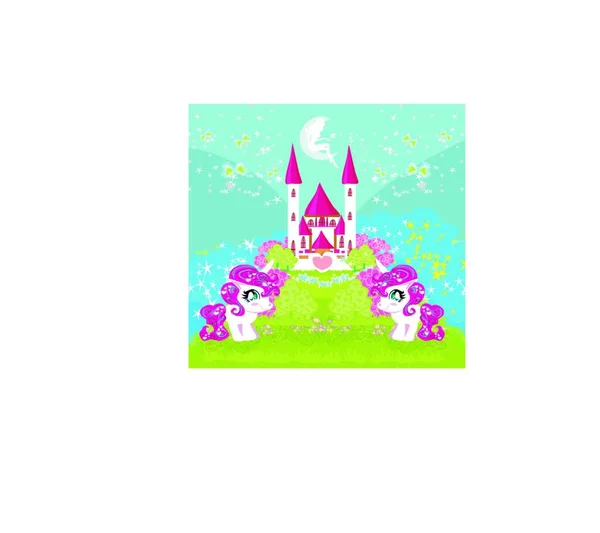 Card Cute Unicorns Magical Castle — Stock Vector