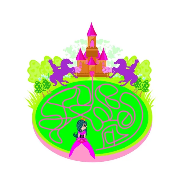 Komik Labirent Oyunu Prensesi Kaleye Giden Yolu Arıyor — Stok Vektör