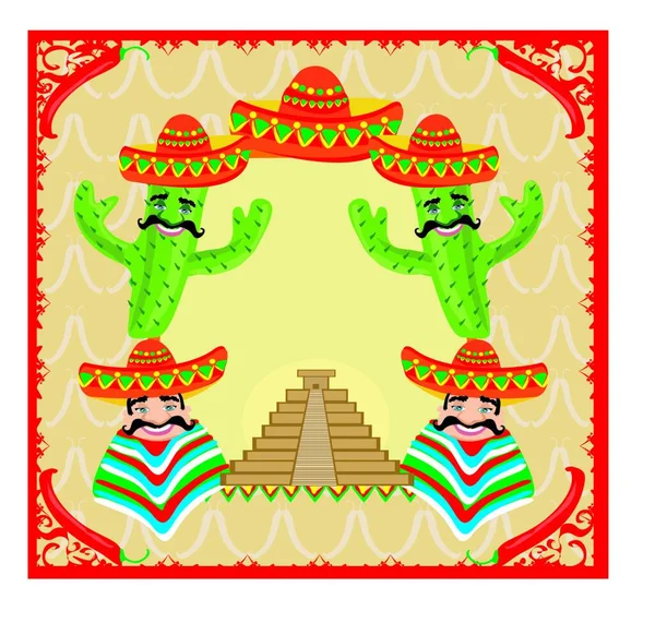 Marco Vectorial Con Pirámide Mexicana Cactus Sombrero — Vector de stock