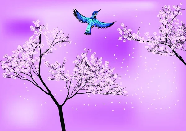 日本だ ピンクの背景に桜と青い鳥 — ストックベクタ