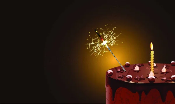 Векторная Иллюстрация Шоколадного Торта Свечой Искрой Файл Eps10 Градиентная Сетка — стоковый вектор