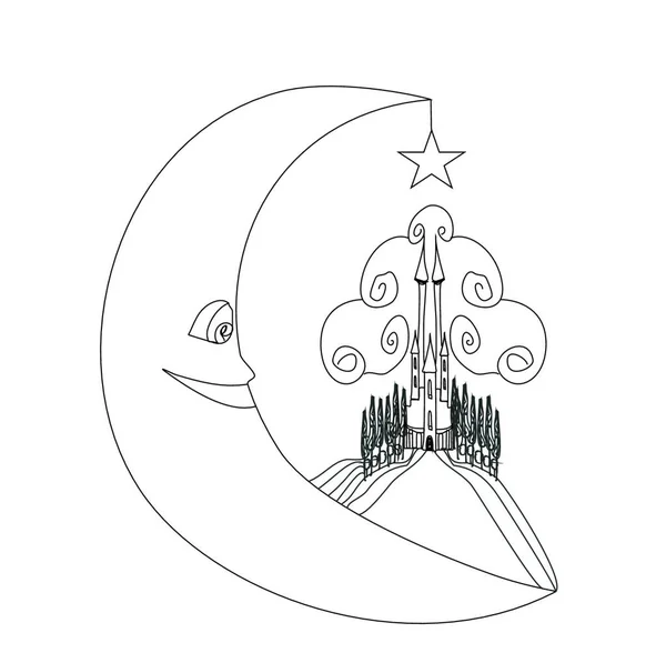 Середньовічний Замок Усміхнений Місяць Ілюстрація Малювання Рук — стоковий вектор