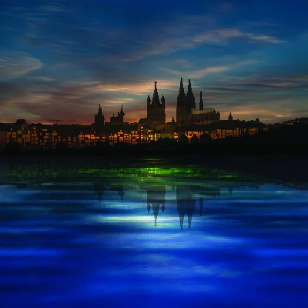 Abstrakter Blauer Hintergrund Mit Wolken Und Silhouette Von Köln — Stockvektor