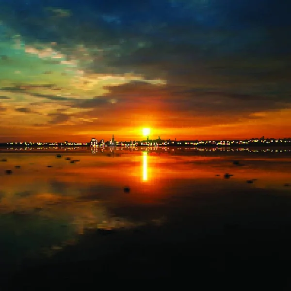 Astratto Sfondo Marrone Natura Con Silhouette Della Città Tramonto — Vettoriale Stock