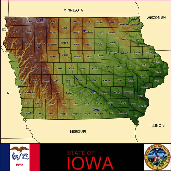 Iowa Stati Uniti America Stato Contee Emblema Mappa — Vettoriale Stock