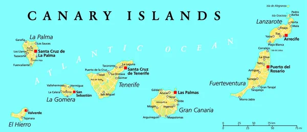 Mappa Politica Delle Isole Canarie Con Lanzarote Fuerteventura Gran Canaria — Vettoriale Stock