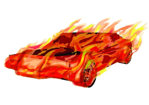 Yanan Araba Çapraz Araba Beyaz Üzerine Izole Yangın — Stok Vektör