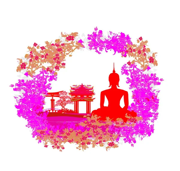 Silhouette Eines Buddha Asiatische Landschaft Grunge Textur — Stockvektor