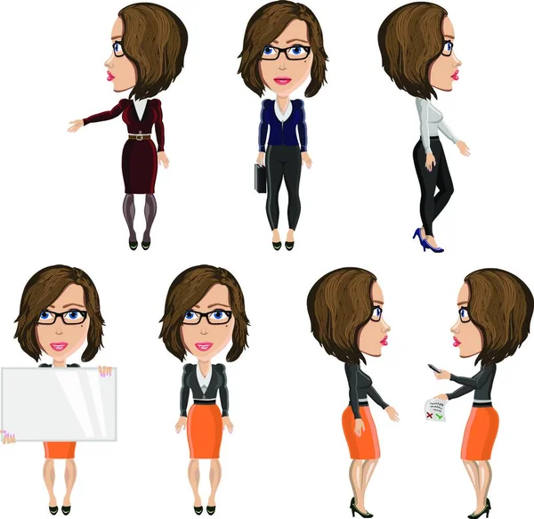 Ilustração Vetorial Uma Menina Com Óculos Executar Diferentes Funções Trabalho —  Vetores de Stock