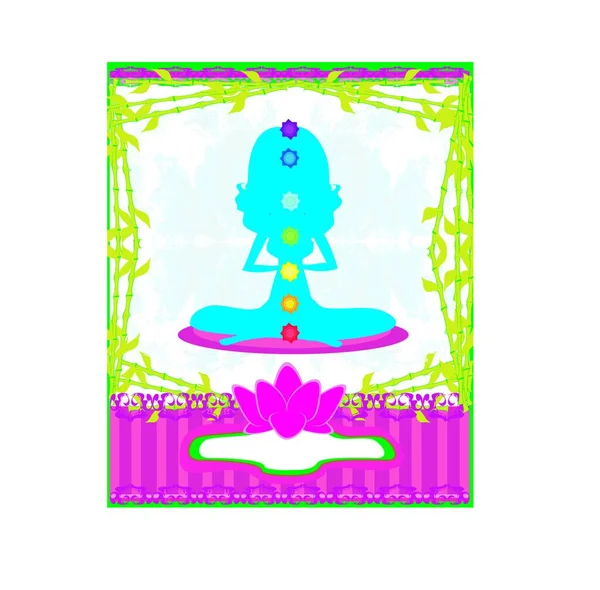 Yoga Lotus Poserar Padmasana Med Färgade Chakra Poäng — Stock vektor