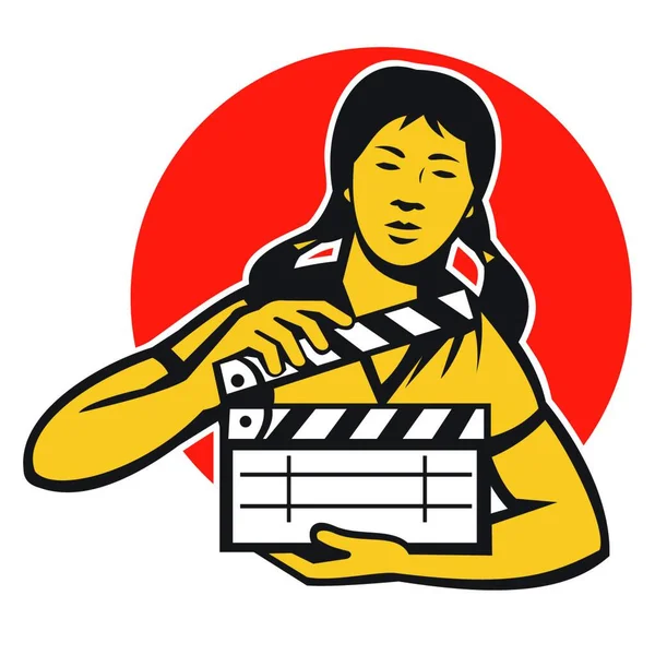 Vektor Illustration Asiatisk Filmbesättning Kvinna Flicka Med Film Clapboard Clapper — Stock vektor