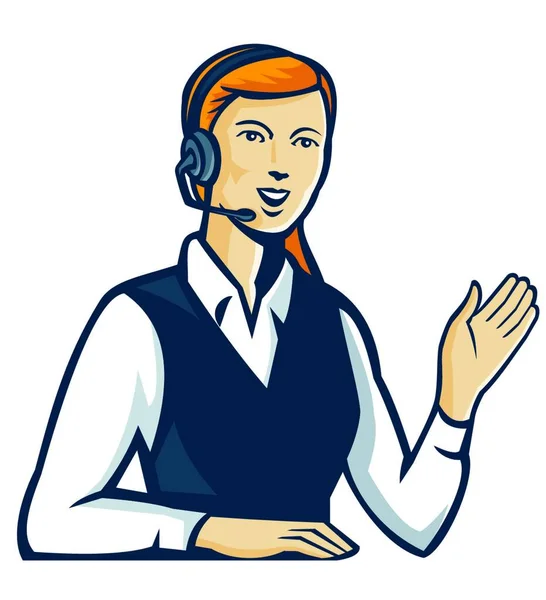 Illustration Female Telemarker Call Center Operator Headphones Hand Waving Done — Stock Vector