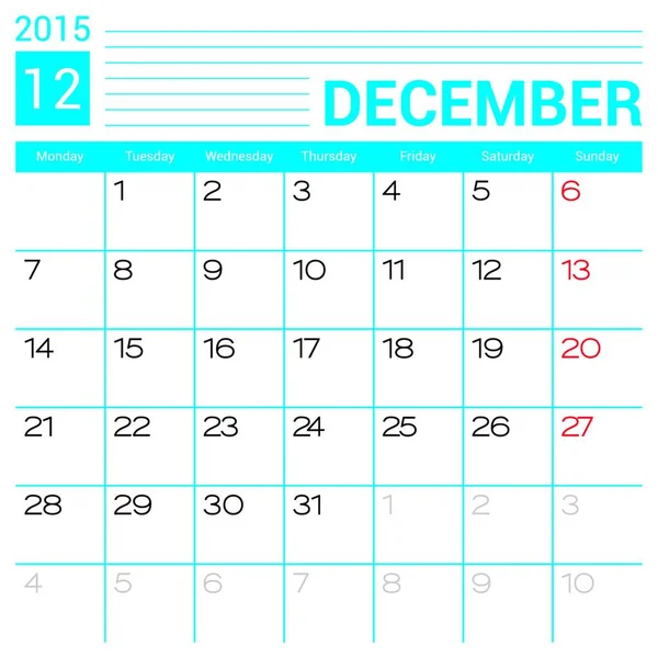 Diciembre 2015 Plantilla Diseño Vectores Calendario Ilustración Simple Calendario Blanco — Vector de stock