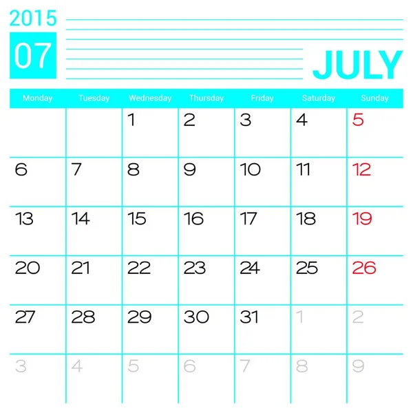 Juli 2015 Agenda Vector Ontwerpsjabloon Eenvoudige Lege Kalender Illustratie — Stockvector