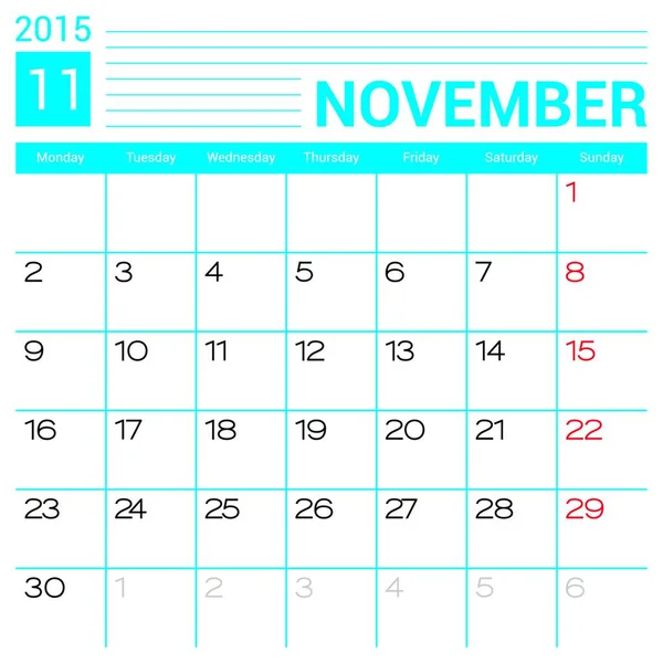 2015 Listopadzie Kalendarz Wektor Wzór Szablonu Ilustracja Prosty Pusty Kalendarz — Wektor stockowy