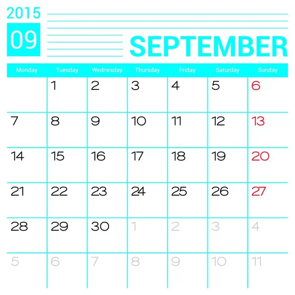 Září 2015 Kalendář Šablona Návrhu Vektorové Ilustrace Jednoduché Prázdného Kalendáře — Stockový vektor