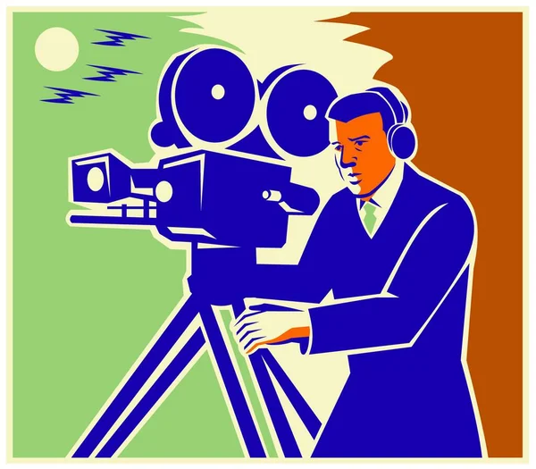 Ilustrace Filmového Filmaře Kameramana Starožitným Fotoaparátem Retro Stylu — Stockový vektor