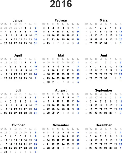 Calendario 2016 Universal Excluyendo Las Vacaciones — Archivo Imágenes Vectoriales