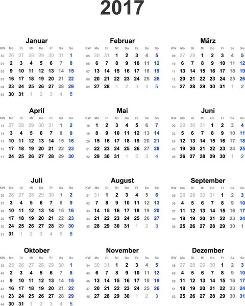 2017日历普遍适用 不包括假日 — 图库矢量图片