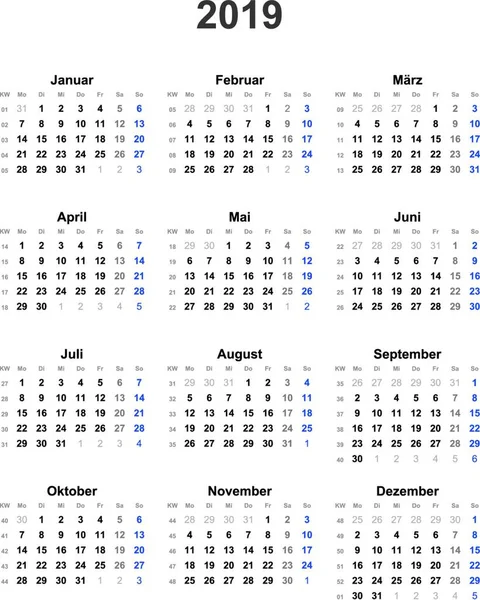 Calendar 2019 Universal Holidays — Stock Vector