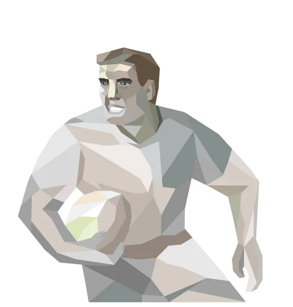 Ilustración Polígono Bajo Jugador Rugby Con Bola Corriendo Conjunto Interior — Archivo Imágenes Vectoriales