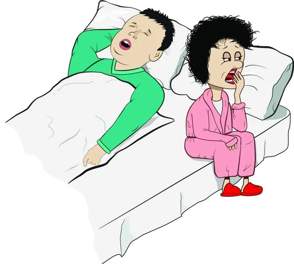 Vector Humorous Illustration Snoring Husband Sleepy Wife — Stock Vector