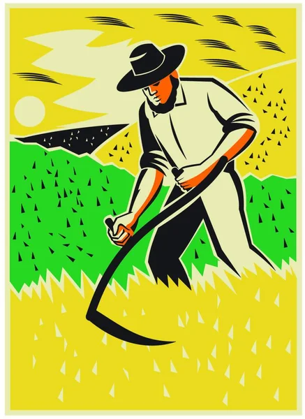 Illustration Farmer Scythe Working Farm Field Harvesting Reaping Crop Harvest — Stock Vector