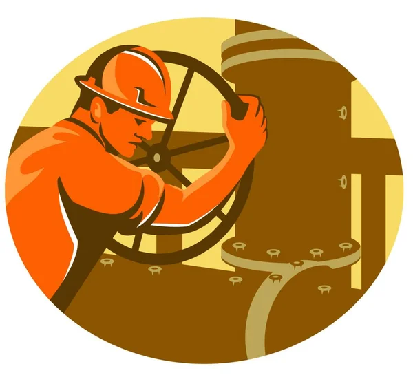 Vektorová Ilustrace Plynárenského Ropného Pracovníka Uzavírající Potrubní Ventil Boku Uvnitř — Stockový vektor