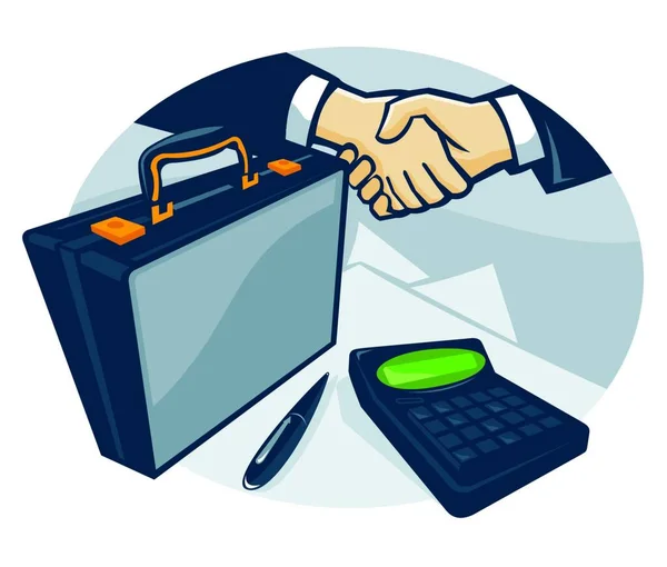 Illustration Two Businessmen Business Deal Handshake Briefcase Pen Calculator Done — Stock Vector