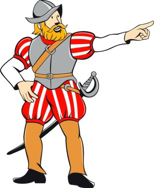 Illustration of a spanish conquistador pointing looking to side on isolated white background done in cartoon style. clipart