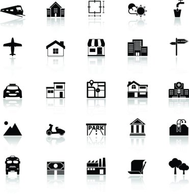 Real estate icons with reflect on white background, stock vector clipart