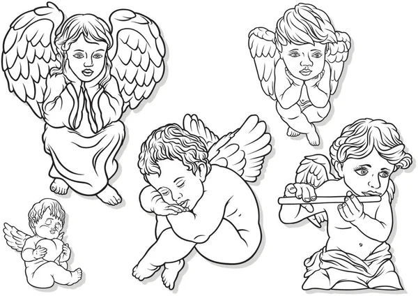 Маленький Набір Ангелів Чорні Викладені Ілюстрації Вектор — стоковий вектор