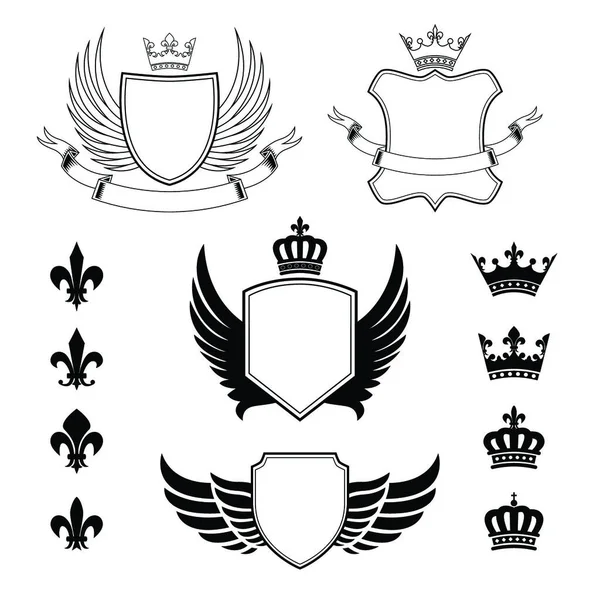翼のあるシールドのセット 腕のコート 紋章デザイン要素 フルール リスのサインと王室の王冠のシルエット — ストックベクタ
